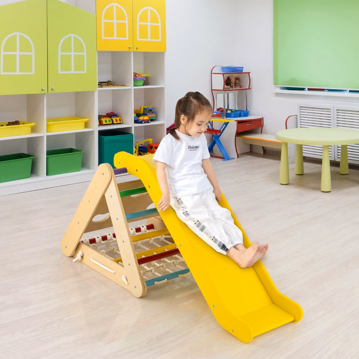 Costway Struttura per arrampicata in legno 4-in-1 per bambini con scivolo e rete, Multicolore