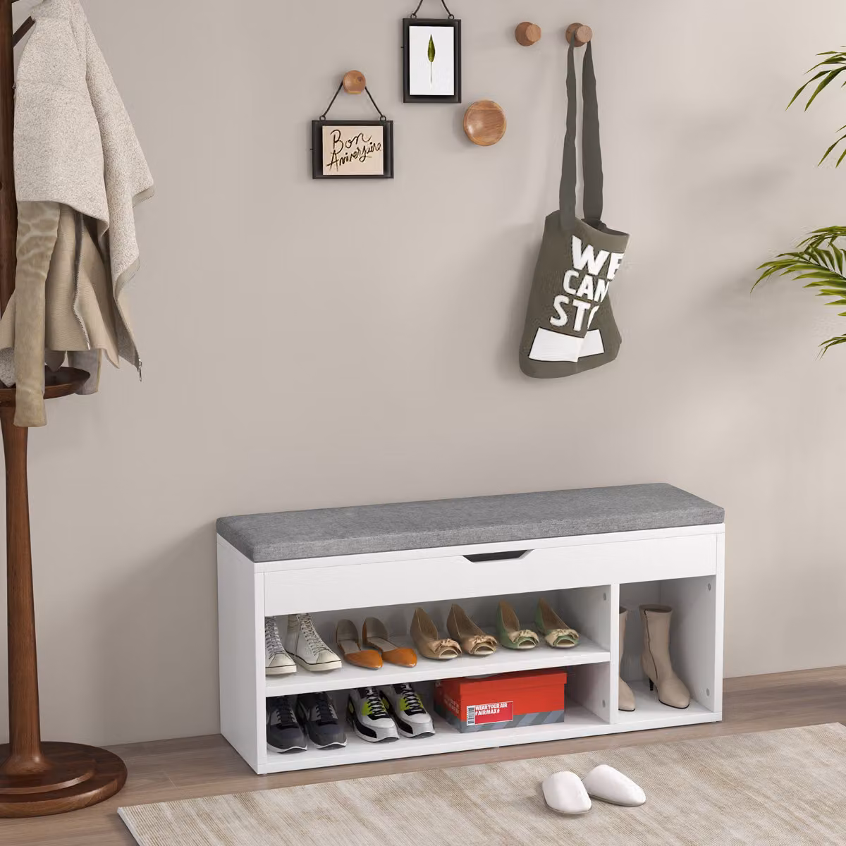 Scarpiera Costway in legno con cuscino morbido e cassetto, due ripiani, Grigio, L: 104 cm, P: 30 cm, H: 48 cm