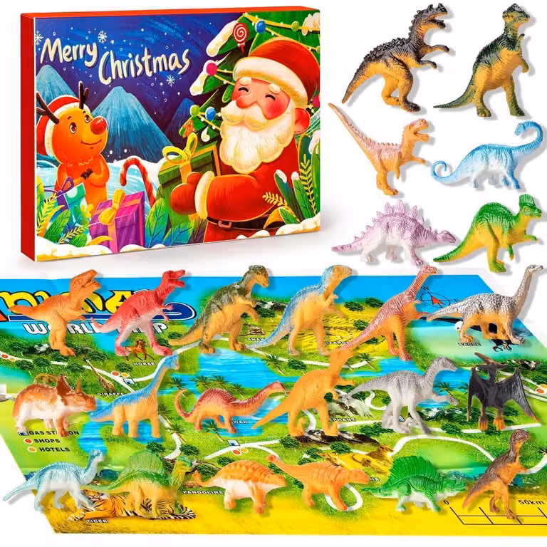 Calendario dell'Avvento a tema dinosauri per bambini, 24 giorni di giocattoli per contare i giorni fino al Natale