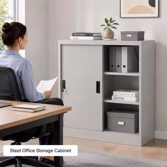 Office Cabinet With Sliding Door, Light Grey, 90x40x90 Cm, Steel