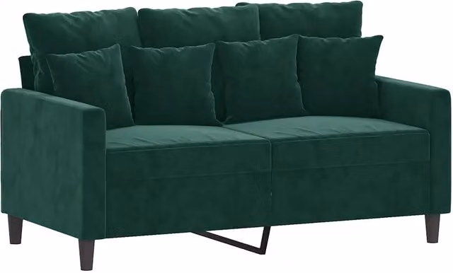 Divano da soggiorno moderno in velluto verde con struttura in metallo e cuscini inclusi L: 138 cm, P: 77 cm, H: 80 cm