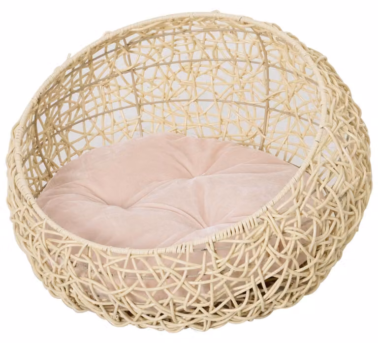 Cuccia per gatti con cuscino – Materiale: rattan in PVC | Colore: beige | Dimensioni: 56x56x35 cm