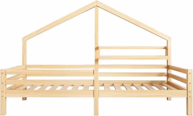 Letto a Casetta per Bambini in Legno di Pino Naturale 90x200 cm con Scaffale Integrato