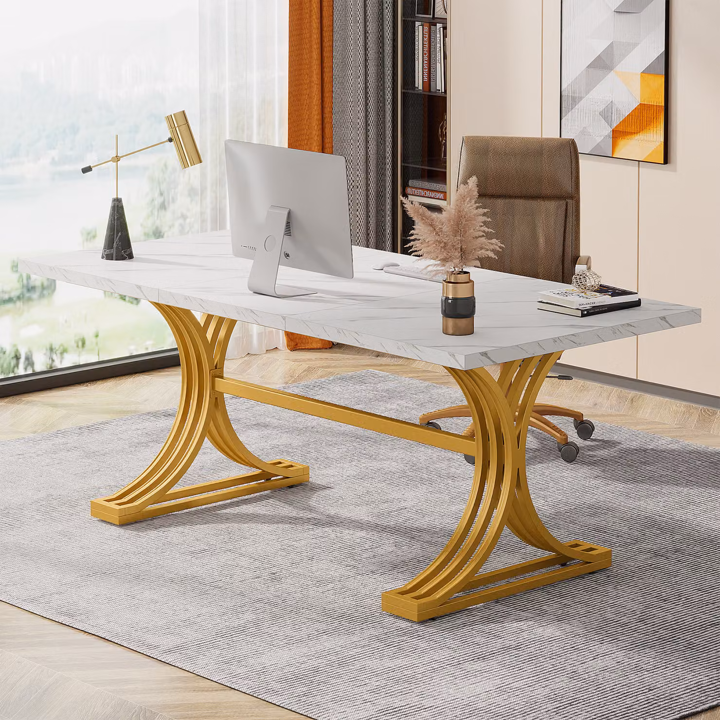 Tribesigns Desk Scrivania per computer, 160 x 80 x 75 cm Scrivania moderna per ufficio Tavolo per PC Tavolo da lavoro con gambe dorate, tavolo da conferenza, bianco e oro