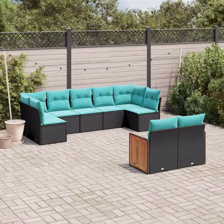 Set di divani da giardino vidaXL in polyrattan nero con cuscini, design moderno a forma di L per esterno