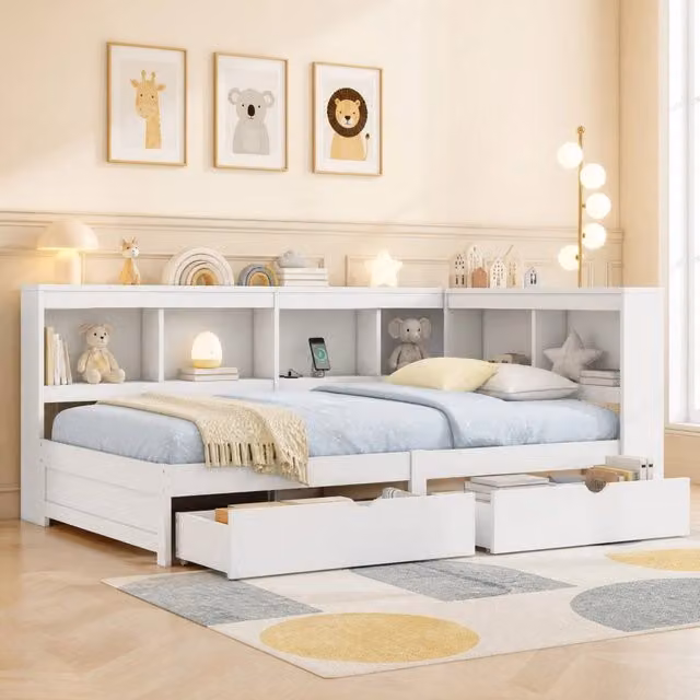 Letto singolo a divano 90 × 200 cm con rete a doghe due cassetti prese USB pannelli truciolari e MDF bianco