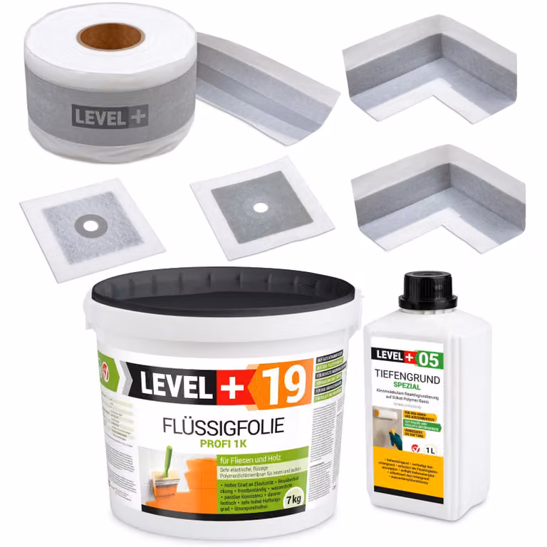 Kit per l'impermeabilizzazione: membrana liquida da 7 kg, nastro da 5 metri, primer da 1 litro, guarnizioni per angoli, livella + SET507