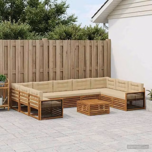 Set di divani da esterno a forma di U con tavolino da caffè vidaXL in legno di acacia, colore beige e marrone, composto da 10 pezzi con cuscini inclusi