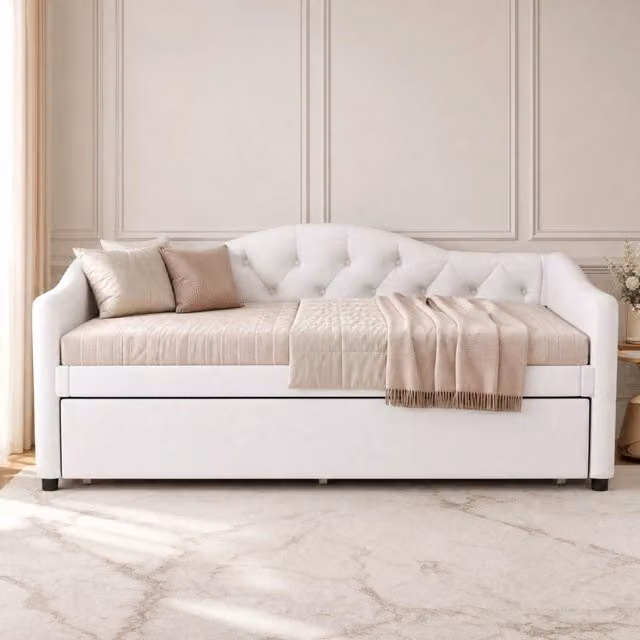 Letto Giorno 90x200 cm con Letto Estraibile, Divano Letto Singolo Senza Materasso, Lino Beige