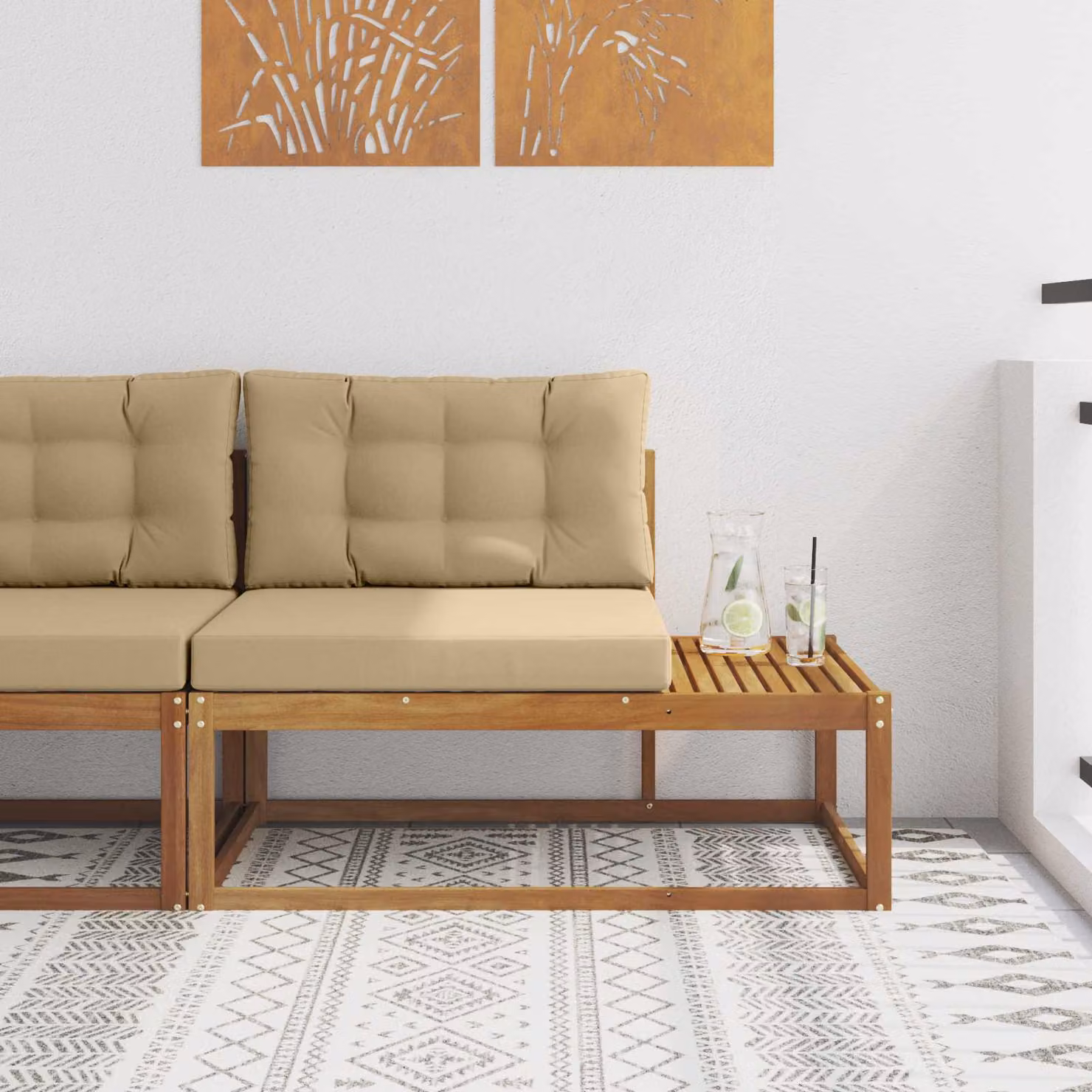 Divano esterno moderno vidaXL in legno di acacia con cuscini in tessuto beige e marrone L/P/H: 115 x 83 x 73 cm