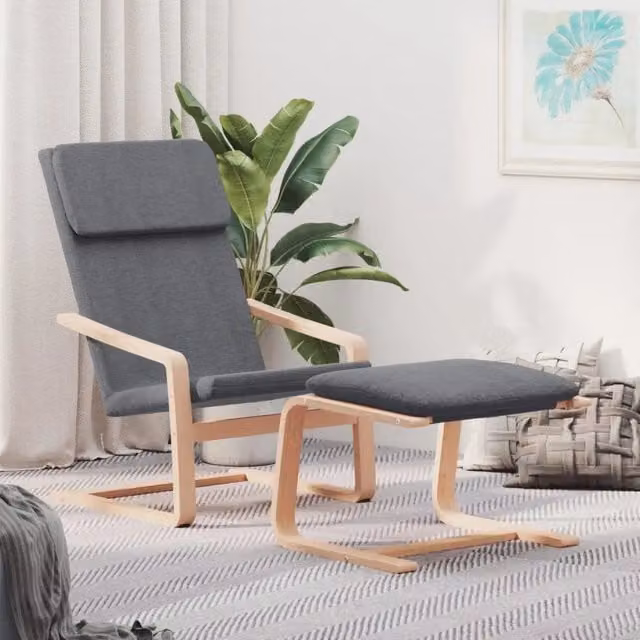 Poltrona Relax con Poggiapiedi Grigio Chiaro in Tessuto e Struttura in Legno di Betulla 910669 – 1