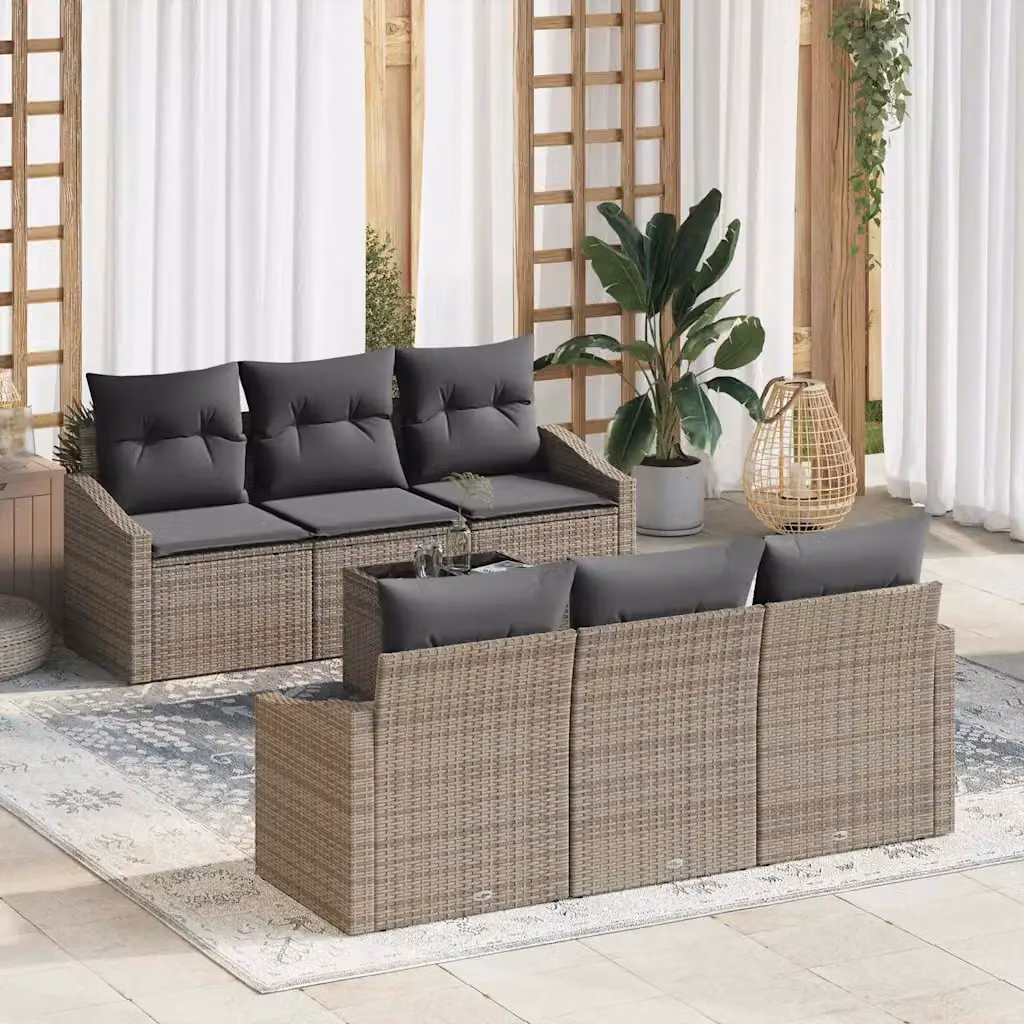 Set di divani da giardino vidaXL in polyrattan grigio con cuscini e tavolino da esterno, 7 pezzi – 1