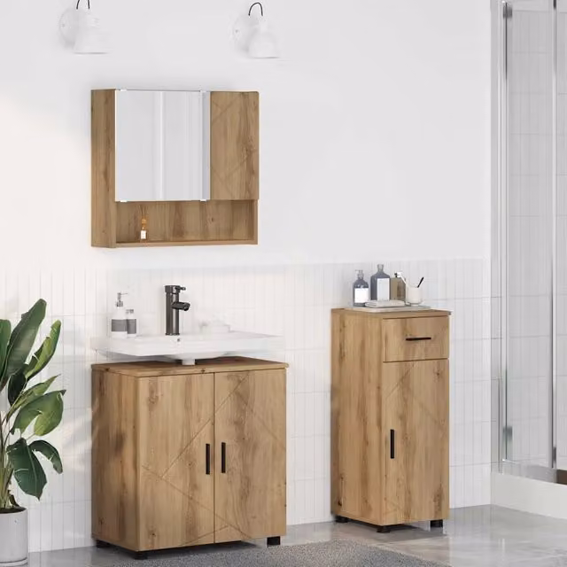 Set di mobili per il bagno vidaXL in 3 pezzi in legno rovere e metallo nero, stile minimalista, composto da mobile lavabo, armadietto con specchio e mobile laterale