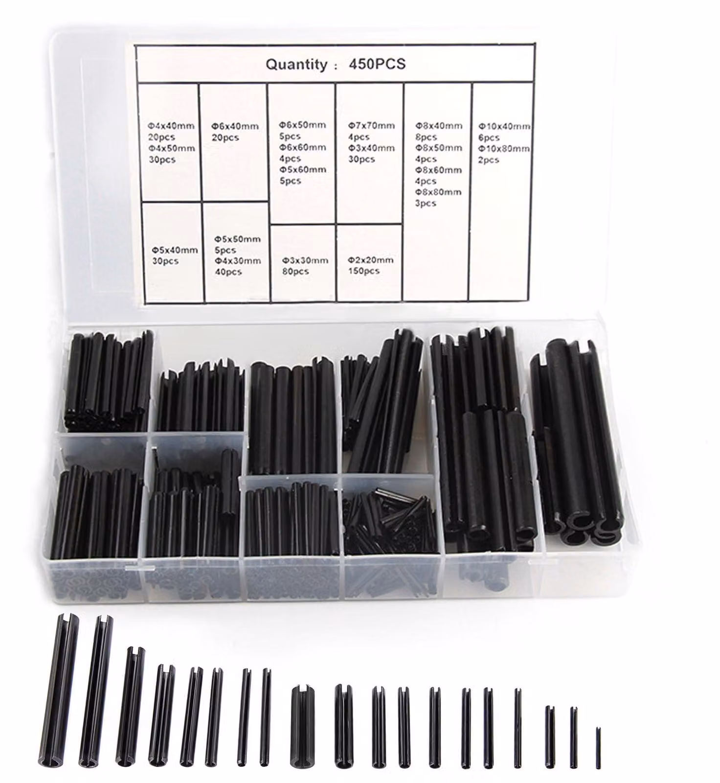 Set di spine cilindriche (spanstiften) da 450 pezzi - Spine cave - Spilli a molla - Acciaio inossidabile - Acciaio al manganese M2/M3/M4/M5/M6/M7/M8/M10 - Contenitore di stoccaggio