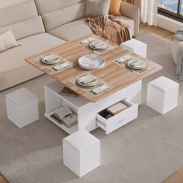 Tavolino da salotto elevabile con 1 cassetto, 4 sgabelli e ruote, bianco e legno naturale, 100 × 50 × 45 cm