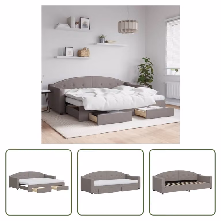The Living Store Letto allungabile con cassetti Taupe 80x200 cm tessuto