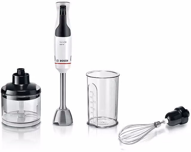 Frullatore ad immersione Bosch MSM4W221 da 600 W con impugnatura ergonomica, lame in acciaio inox, tritatutto e frusta, colore bianco