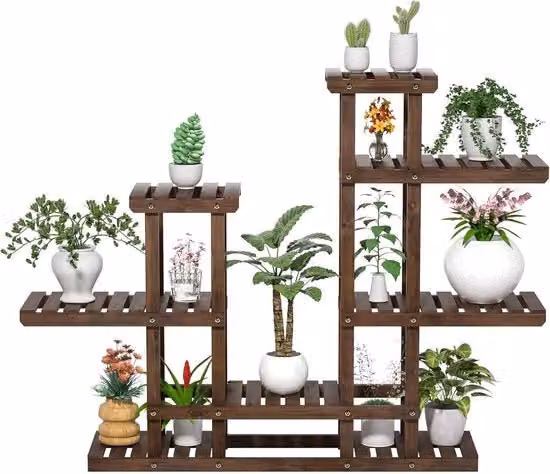 Supporto per piante Yaheetech a 6 livelli in legno marrone rustico per giardino, balcone o soggiorno, L: 120,5 cm, P: 25 cm, H: 96,5 cm