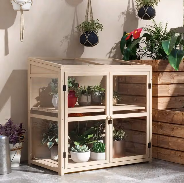 Serra da giardino ULEVR in legno naturale 103x61x95/103 cm, 2 livelli regolabili, doppie porte e tetto apribile