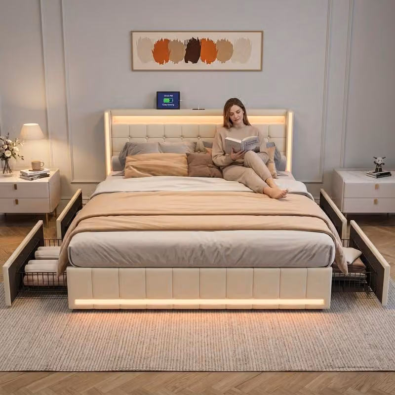 Letto matrimoniale ProximaX Premium 180x200 cm con illuminazione a LED e stazione di ricarica USB per la camera da letto principale, 4 cassetti, tessuto in lino, beige