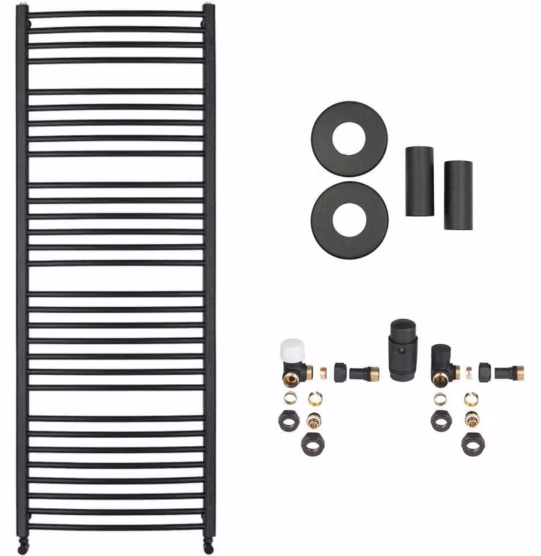 Kit radiatore per bagno Stefano - riscaldamento centralizzato - attacco laterale - 677W - nero opaco - 1210x650 mm