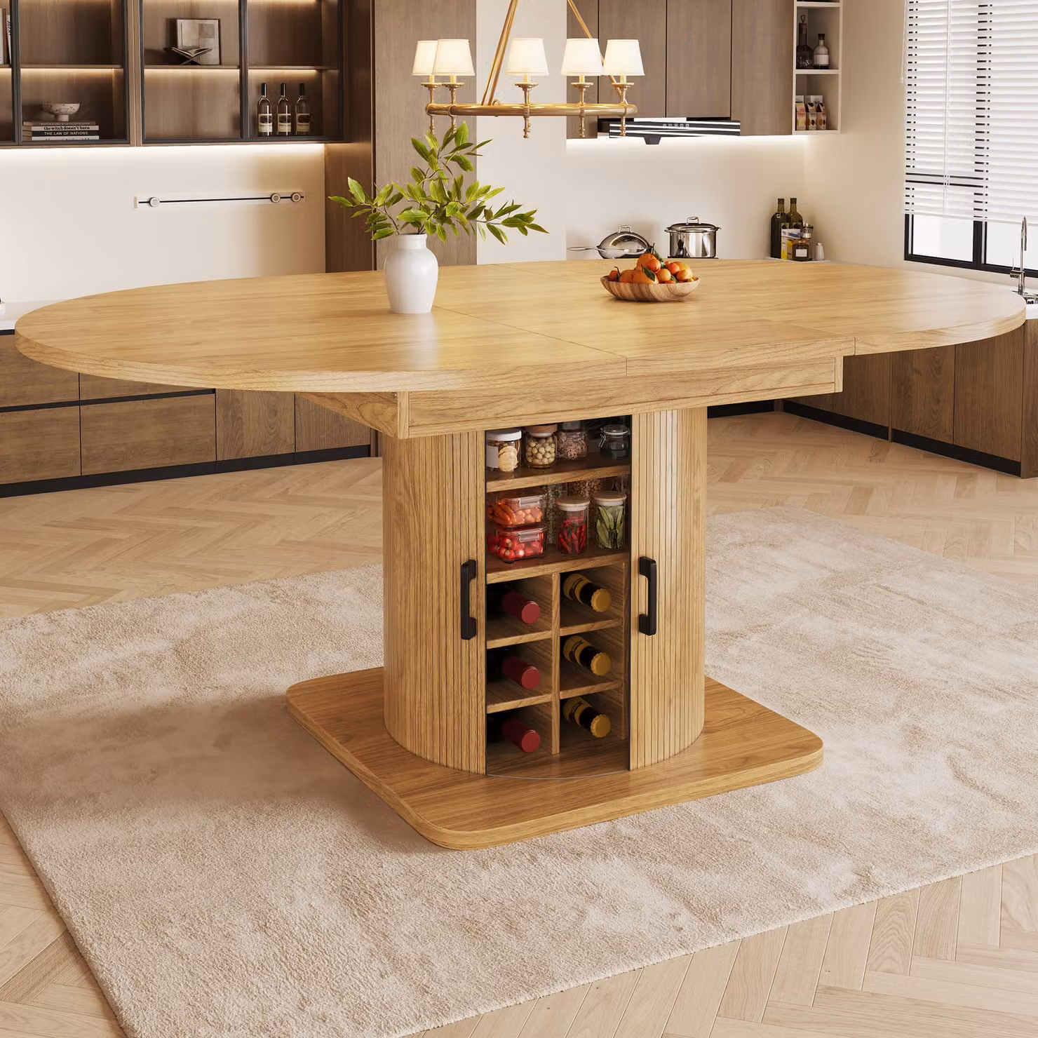 Tavolo da pranzo allungabile Flieks con vano portaoggetti, tavolo multifunzionale con ripiani rimovibili, tavolo da cucina 118-158 x 118 x 76 cm, marrone naturale