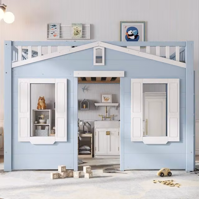 Letto a soppalco per bambini in pino e MDF; azzurro e bianco; con finestra e scala reversibile; letto singolo 90x200 cm