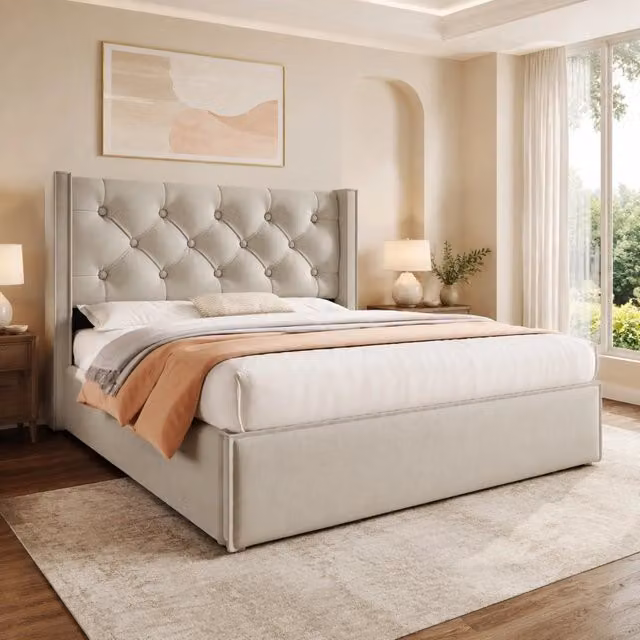 Letto contenitore 140x200 cm grigio chiaro in cotone, rete sollevabile, senza materasso