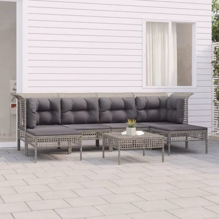 Set Divani da Giardino vidaXL 7 pz a Forma a U in Polyrattan Grigio con Cuscini e Struttura in Acciaio Verniciato a Polvere