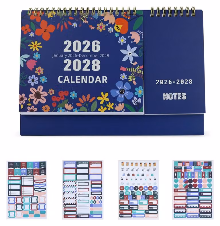 Calendario familiare 2026-2028 con adesivi