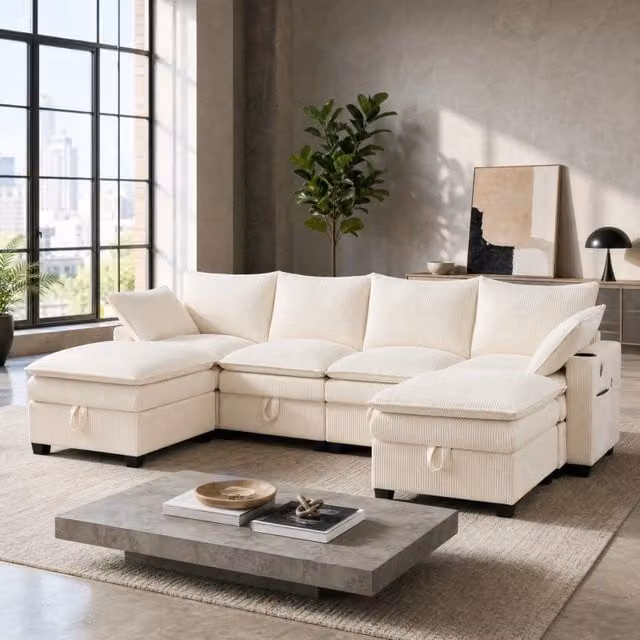 Divano panoramico modulare MIVRAY a forma di U in velluto a coste beige con 2 pouf, ricarica USB e portabicchieri, L: 280 cm, P: 151 cm, H: 82 cm
