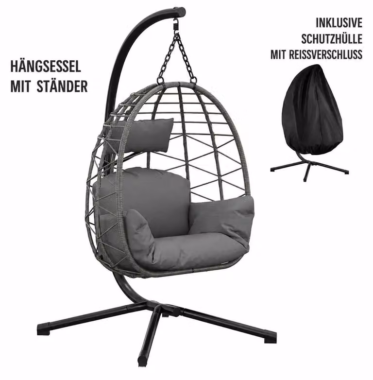 Sedia a dondolo con struttura - Sedia a dondolo a forma di uovo in rattan - Autoportante - Pieghevole - Con altezza regolabile - Resistente agli agenti atmosferici - Con cuscino lavabile - Portata massima: 150 kg - Colore: grigio