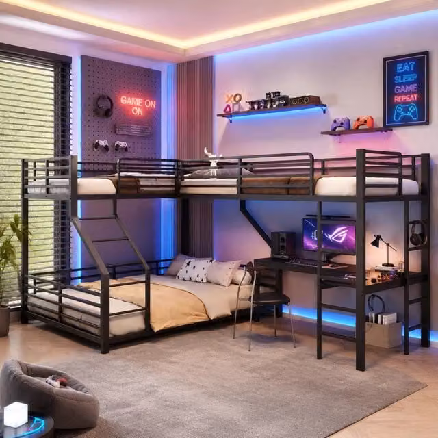 Letto a tre posti ¨C Minimal ¨C Nero metallo 90x200cm e 140x200cm senza materasso