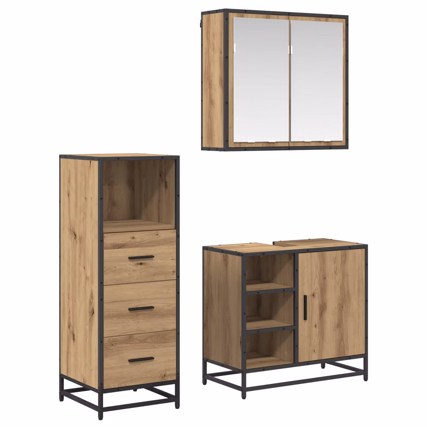 Set di mobili per il bagno moderno vidaXL composto da 3 pezzi in legno e metallo color rovere e nero, con armadietto a specchio con illuminazione LED, mobile lavabo e pensile a parete
