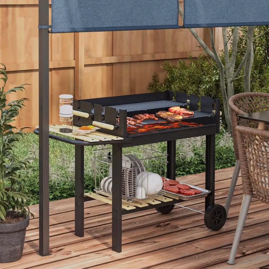 Barbecue a carbonella GIORDANOSHOP in metallo e legno nero con ruote L: 113 cm, P: 53.5 cm, H: 82.5 cm – 2