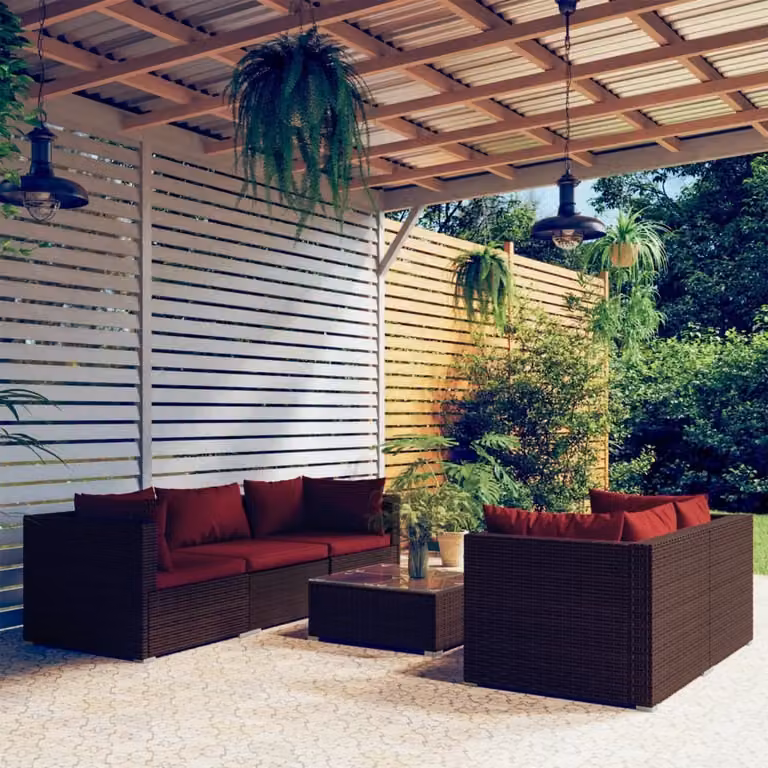 The Living Store Set da giardino da 6 pezzi con cuscini in poly rattan marrone