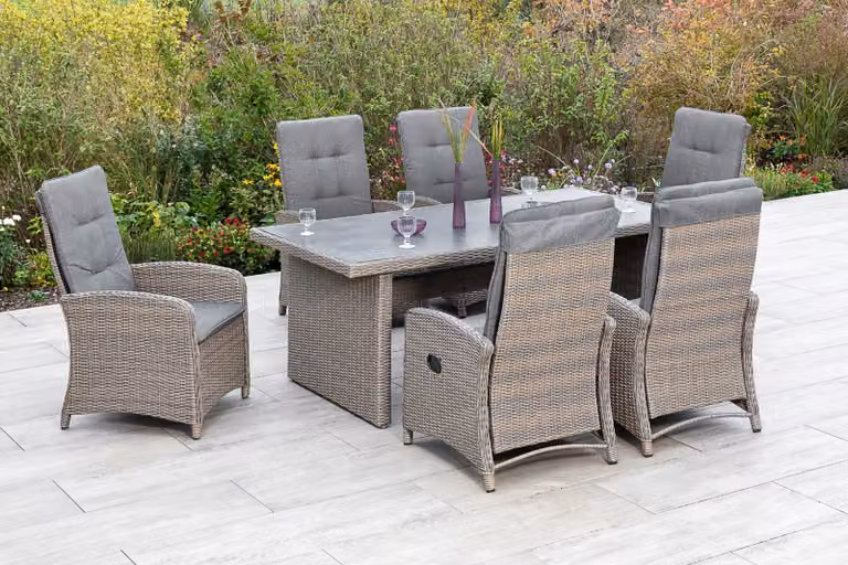 Set di mobili da giardino Merxx "Atrani" 7 pezzi - Struttura in alluminio con intreccio in plastica color beige pietra, cuscini inclusi - 50405-277