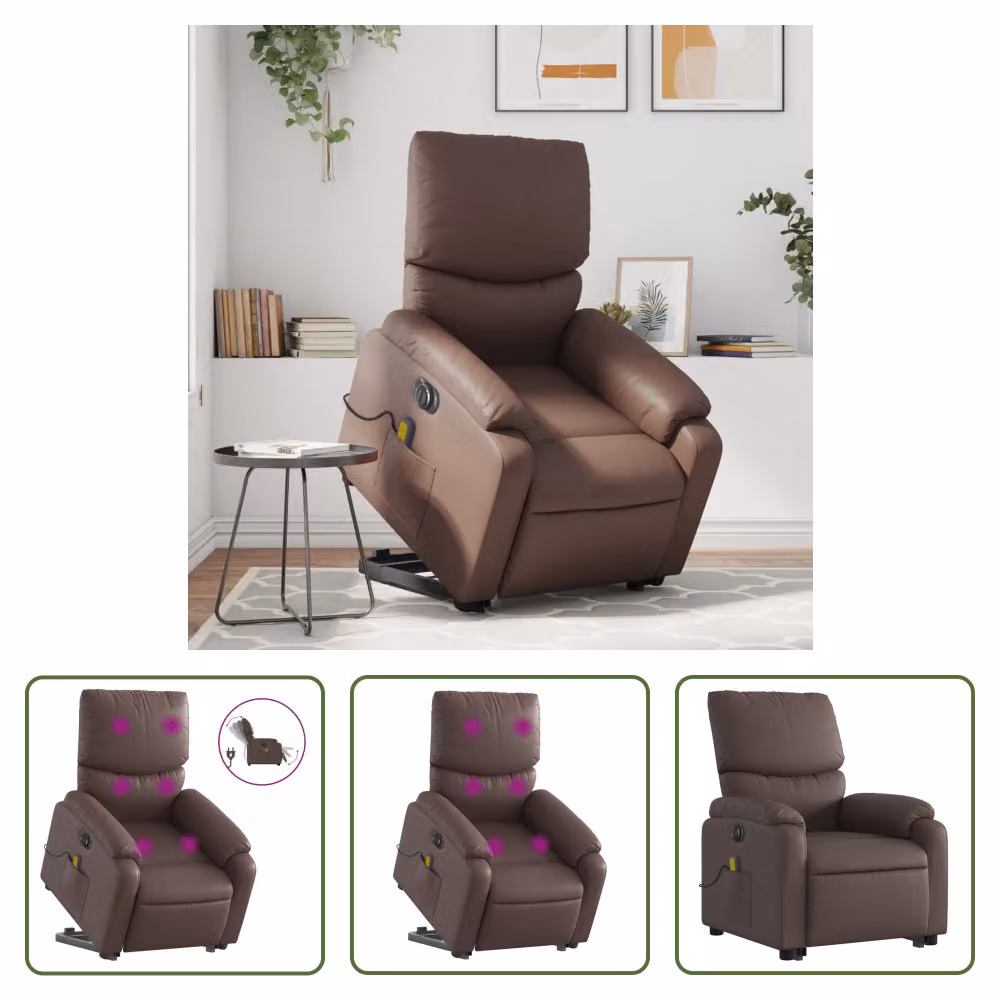 The Living Store Sedia massaggiante con supporto in piedi elettrica in ecopelle marrone