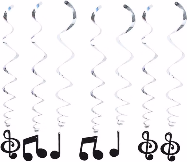 Striscioni e festoni a tema musicale - Decorazioni per feste a tema musicale - Set composto da 12 spirali argentate e 6 bandierine per torte - Striscioni lunghi 90 cm - Accessori per feste a tema musicale