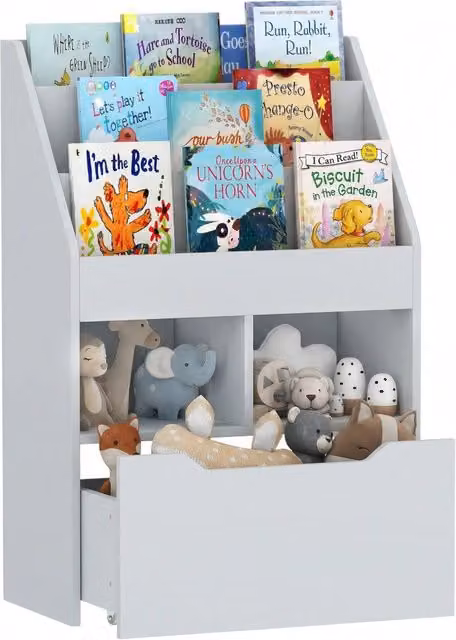 Libreria per bambini XYLO in legno grigio e bianco con cassetto, L: 60 cm, P: 29,9 cm, H: 90 cm