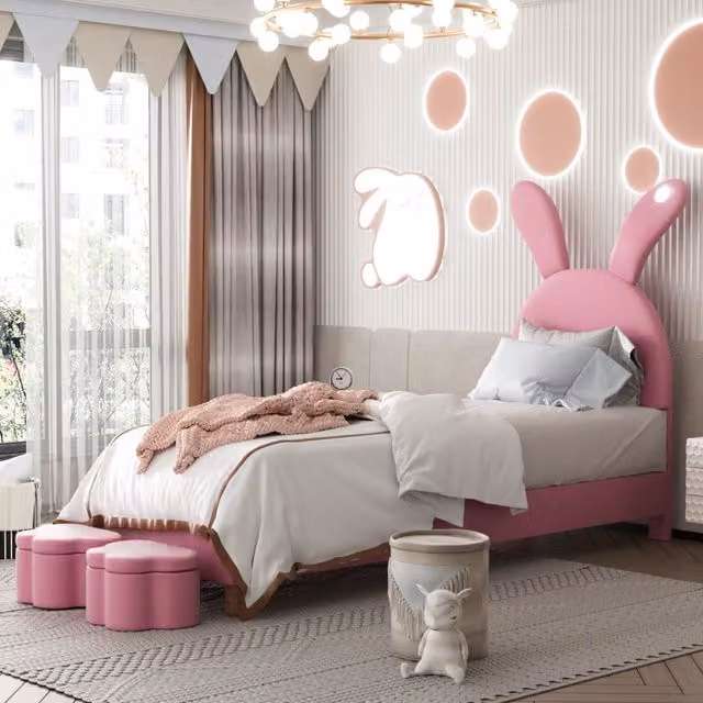 Letto imbottito Mivray in velluto rosa con due panche contenitore e illuminazione LED sotto il letto, L/P: 90 x 200 cm – 1