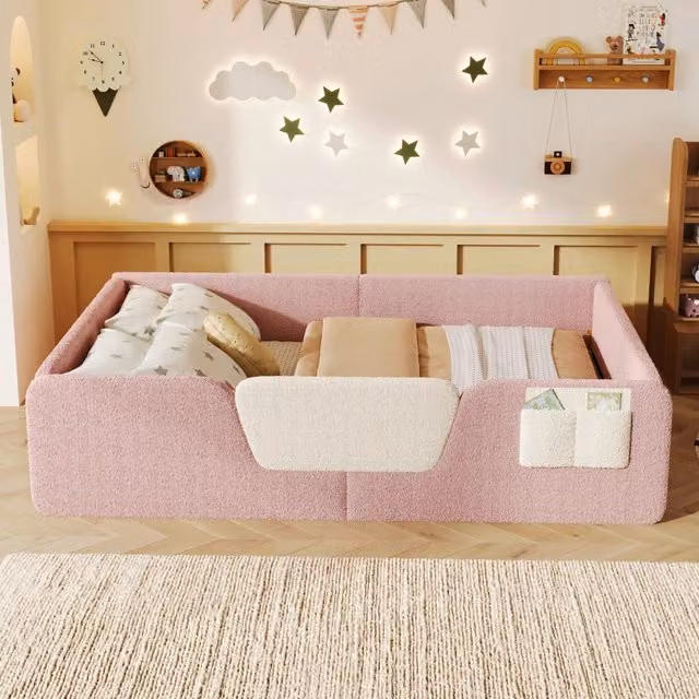 Letto per bambini Chicfurn in velluto rosa con tasca laterale e spondine rimovibili L/P/H: 140 x 190 x 62 cm