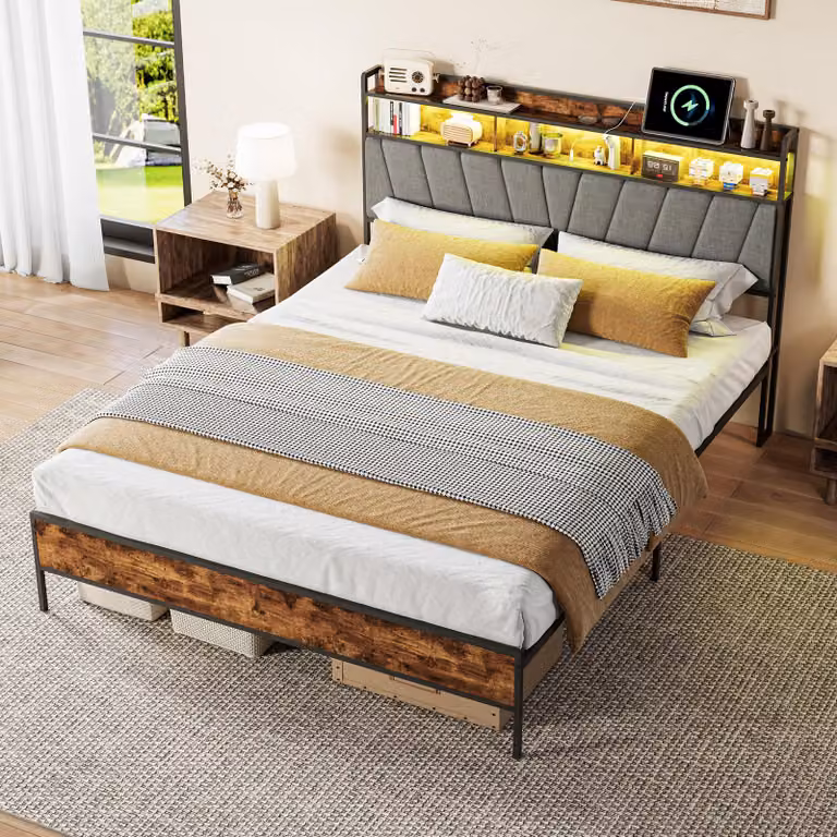 Letto matrimoniale ProximaX, dimensioni 160x200 cm, con illuminazione a LED, stazione di ricarica USB e testiera effetto legno