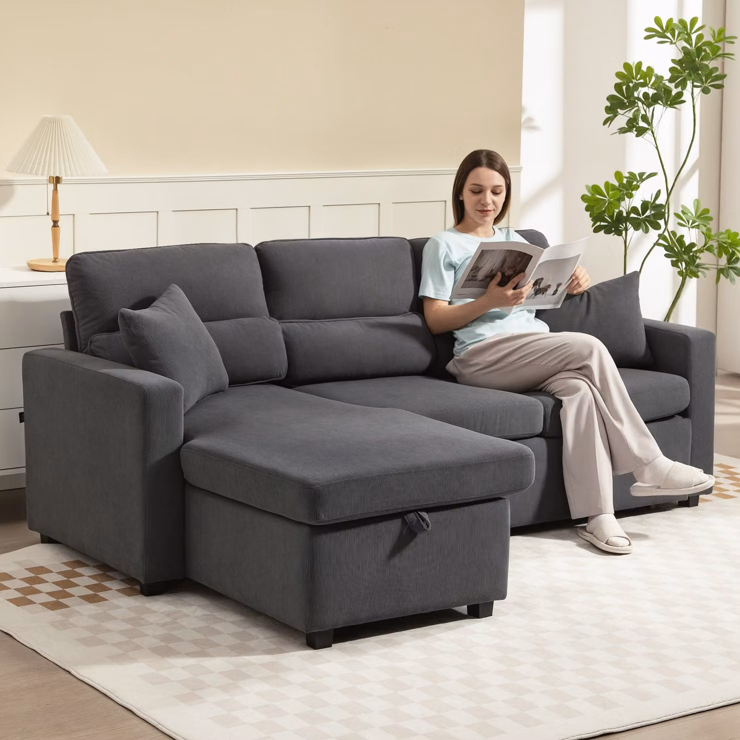 Divano letto ad angolo HOMCOM reversibile con contenitore e cuscini, Grigio – 2