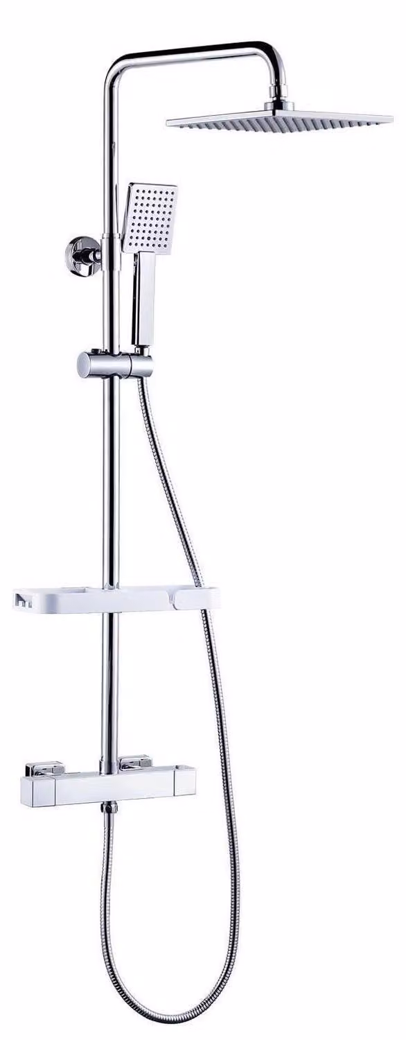Sistema doccia con termostato e ripiano, cromato, altezza regolabile da 84 a 121 cm, in acciaio inossidabile