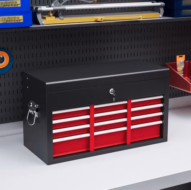 Cassetta portautensili ULEVR 60x26x34 cm in acciaio rosso con 6 cassetti, vano superiore e serratura
