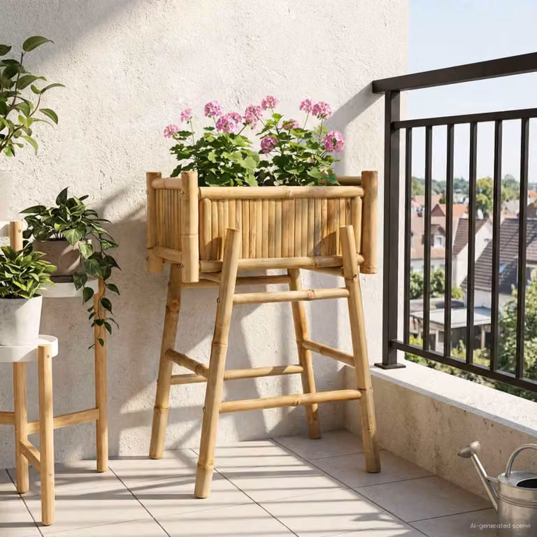 vidaXL Vaso da Giardino con Supporto in Legno di Bambù, Colore Marrone, L 50 x P 38 x H 74 cm