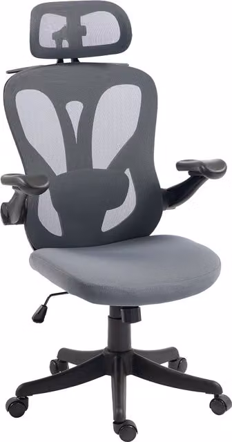 Sedia da ufficio ergonomica HOMCOM con braccioli ribaltabili 3D, poggiatesta 2D e appendiabiti, rivestimento in rete, Grigio Scuro