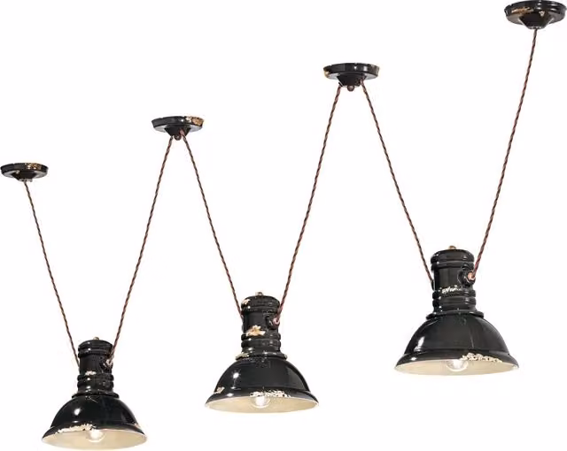 Lampadario a sospensione Industrial Ferroluce in metallo e ceramica nero con 3 luci E27