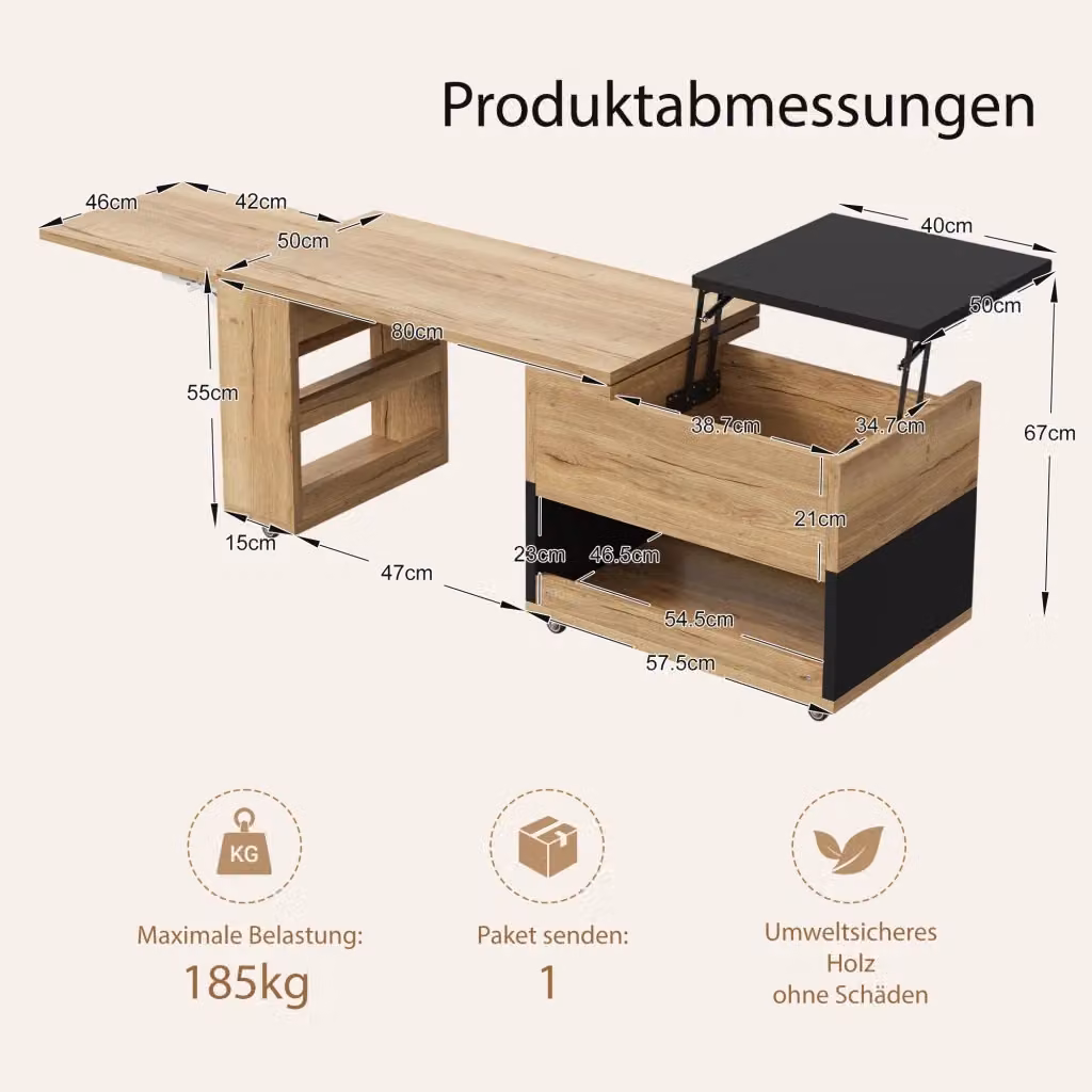 Tavolino da caffè Minimal per soggiorno con piano estensibile e meccanismo a sollevamento, design moderno in legno nero e marrone, L: 100 cm, P: 50 cm, H: 45 cm – 2